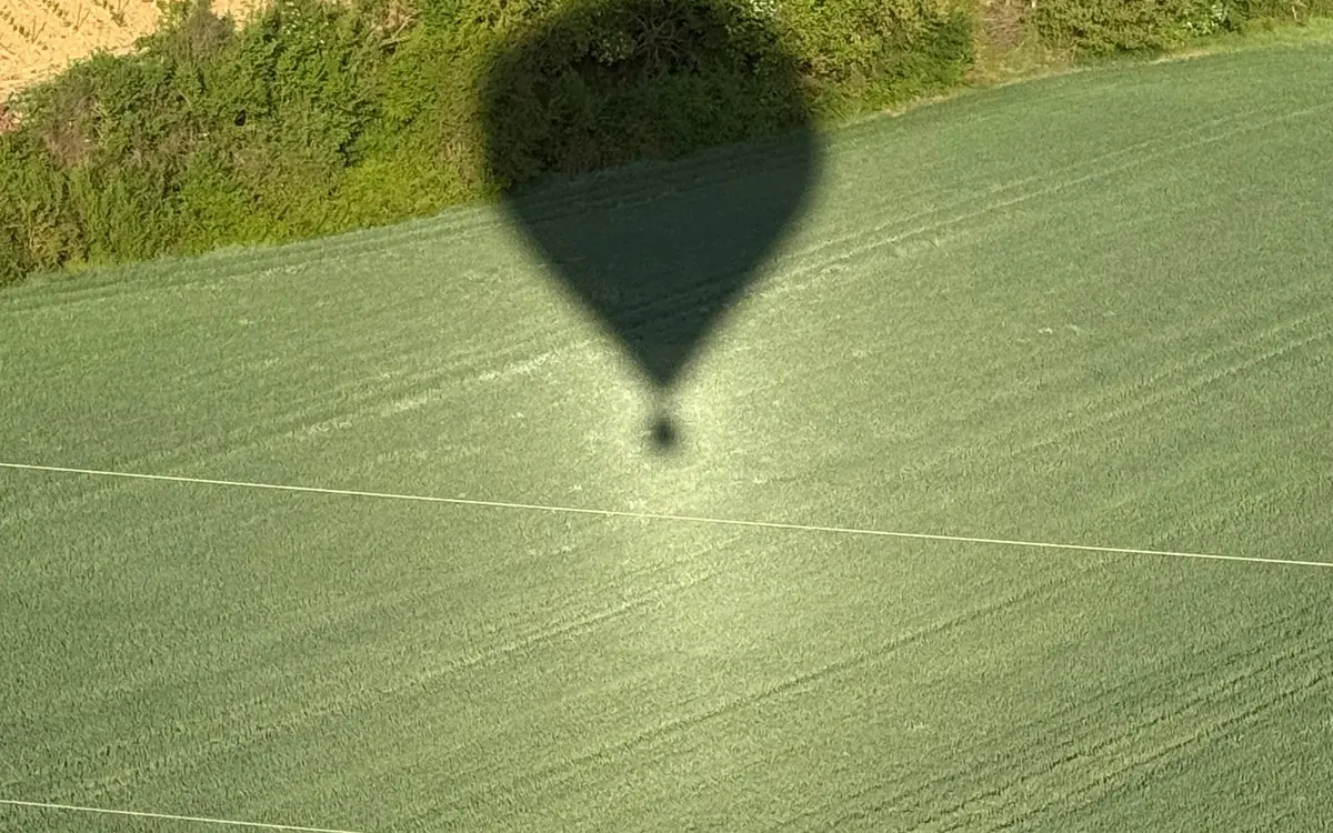 The shadow of a balloon cast on a green field beside a hedge