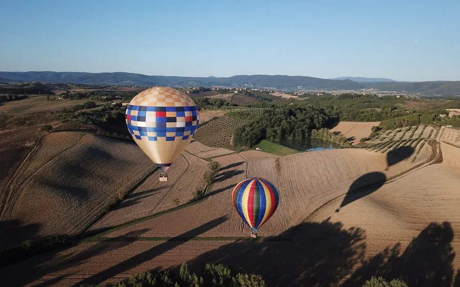 Two chequered balloons above ploughed fields and a small lake, their shadows long on the ground